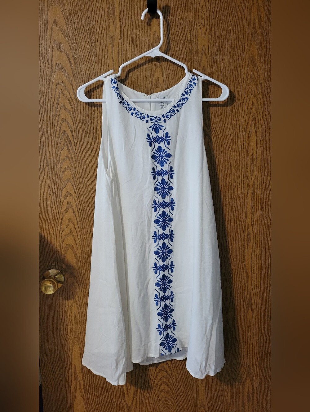 Forever 21 White Mini Dress with Blue Embroidered Trim